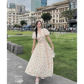 [Có size- Hình thật chụp sàn] Đầm maxi đầm hoa nhíu ngực tay phồng siêu xinh đẹp