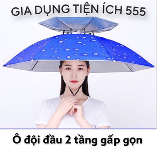 Mũ ô đội đầu che nắng, mưa, ô đội đầu 2 tầng chống thấm nước, gấp gọn tiện ích