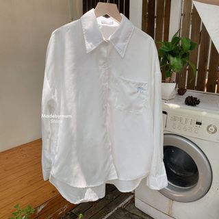 MbmumProject Bow Oversize Shirt Áo Somi Trơn Tay Dài Có Túi In Nơ