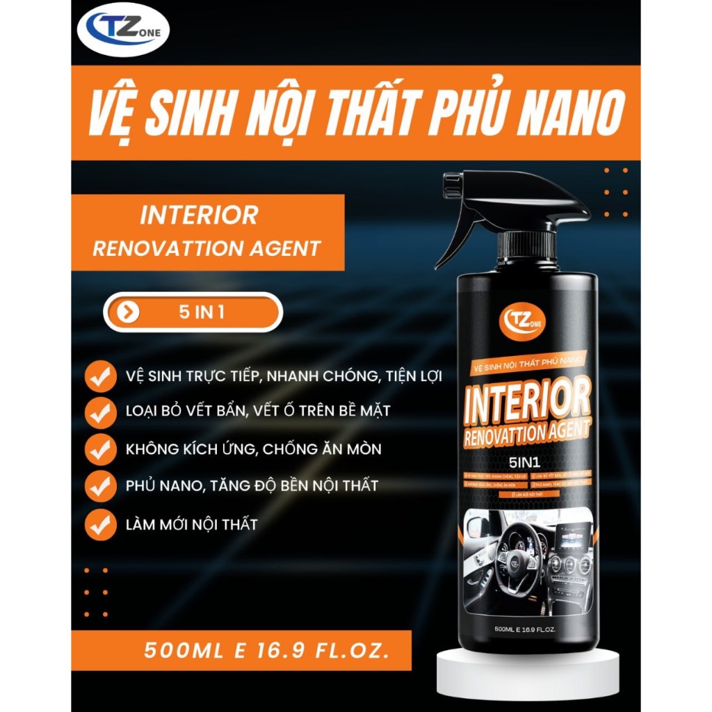 Vệ Sinh Nội Thất Ô tô Nano Tzone 500ML, Tẩy ghế da ô tô, ghế sofa - Lỗi 1 đổi 1