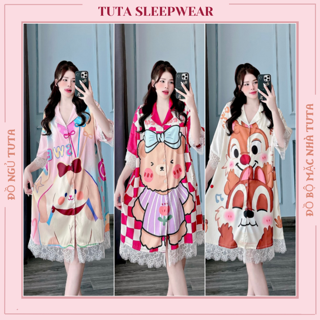 Đầm ngủ lụa sơ mi TUTA đầm pyjama bigsize mặc nhà chất lụa mềm mại.