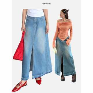 Chân váy jeans dài nữ xẻ trước lai wash cá tính MIEU - LJ06