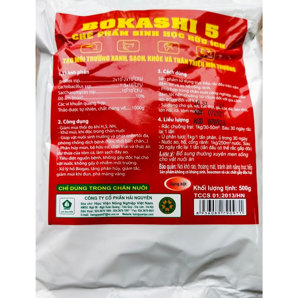 Bokashi 5 (500g), chế phẩm sinh học dùng rắc nền chuồng nuôi, ủ phân, khử mùi hôi chuồng trại, cống rãnh