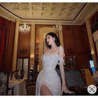Đầm maxi body trễ vai kim sa , By MeiMei