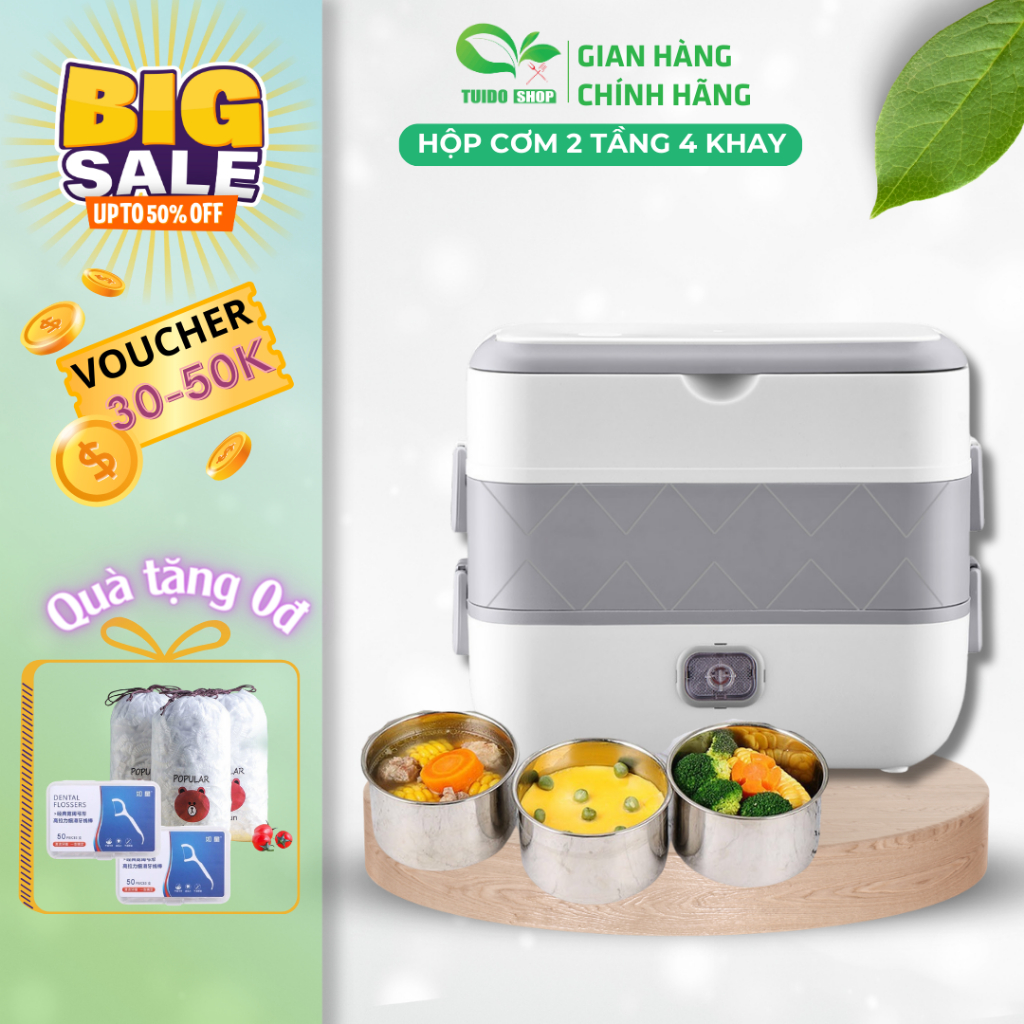 Hộp cơm cắm điện văn phòng 2 tầng 4 bát inox giữ nhiệt, hâm nóng và tự nấu chín thức an, nhỏ gọn,tiện lợi - TUIDO.STORE