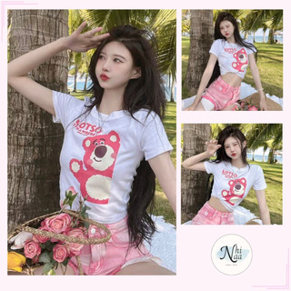 Áo croptop tay ngắn NhiNaa Store dáng ôm cổ tròn, in hình Gấu LOTSO A5547