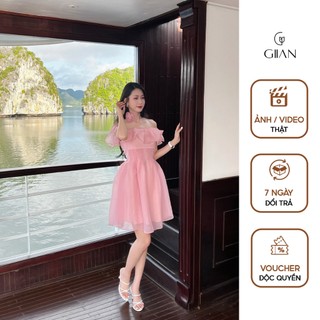 Váy trễ vai đi biển dáng xòe phối bèo nhún eo tặng dây hoa cổ thương hiệu Giian - VA0141