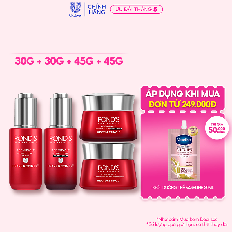 Combo 2 Serum và 2 Kem dưỡng ngày & đêm Pond's Age Miracle mờ đốm nâu, nếp nhăn với 50X Hexyl-Retinol 30G+30G+45G+45G