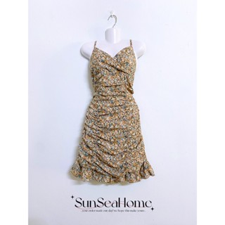 Váy đầm 2 dây mini dáng ngắn nhún hoa nhí secondhand