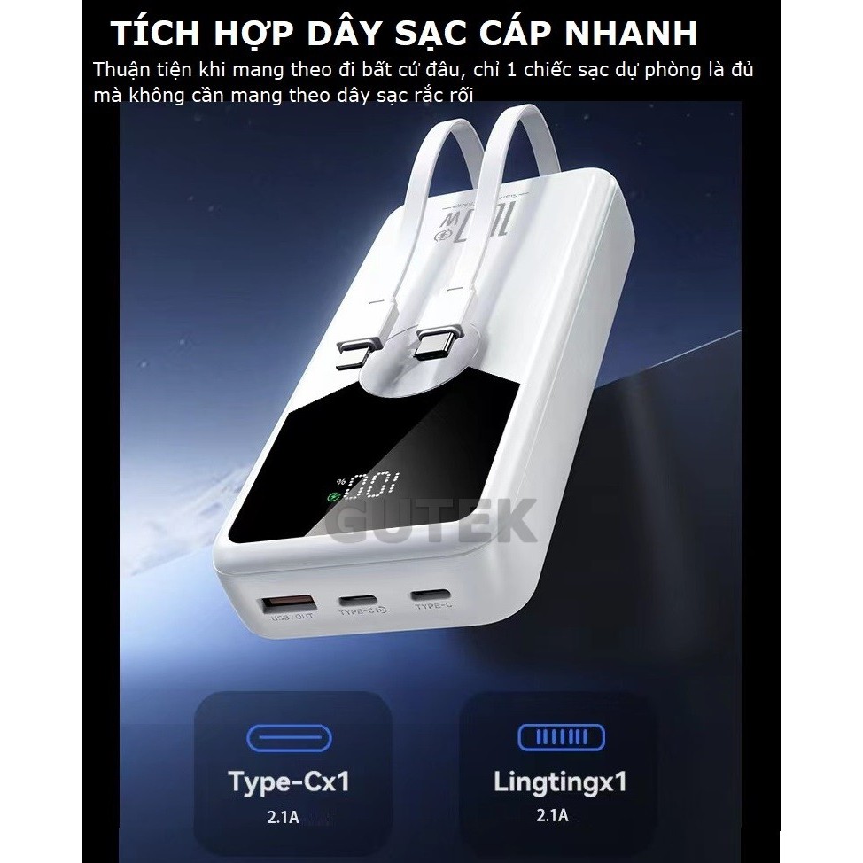 Sạc dự phòng 30000mAh Gutek GT229 sạc nhanh 22,5W pin dung lượng lớn tích hợp dây cáp cho điện thoại | BigBuy360 - bigbuy360.vn