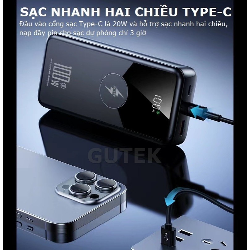 Sạc dự phòng 20000mah Gutek GT229 sạc nhanh 22,5w dung lượng pin lớn tích hợp dây sạc cho điện thoại | BigBuy360 - bigbuy360.vn