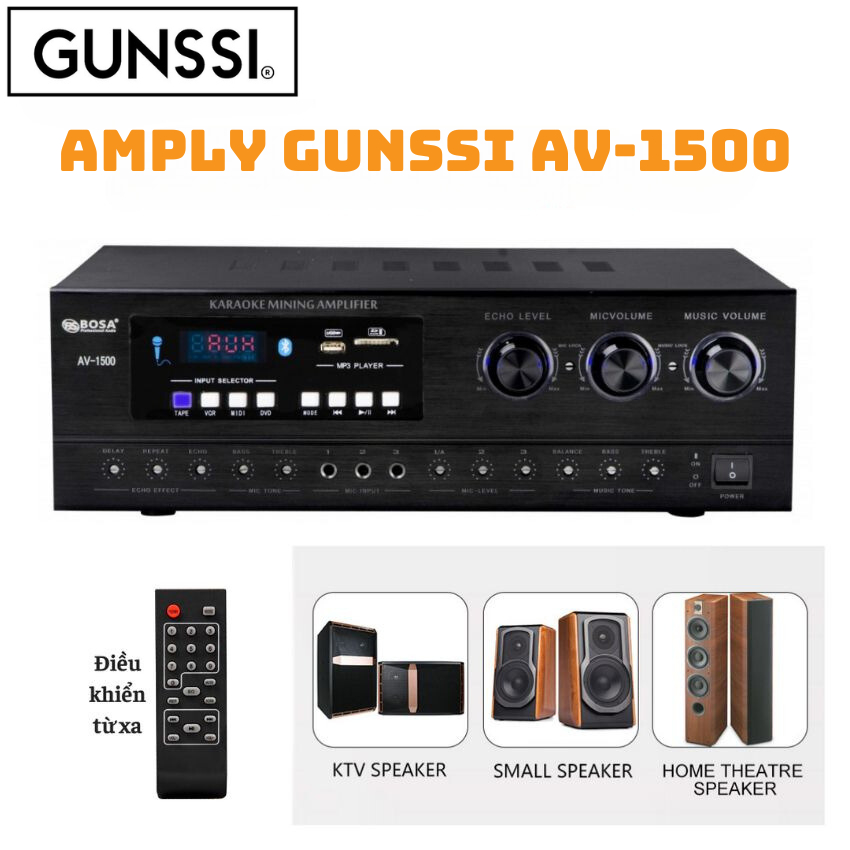 Amply đẩy liền vang Gunssi AV-1500 có công suất lớn âm thanh chuyên nghiệp, kết nối được nhiều cổng quang USB/BLUETOOTH