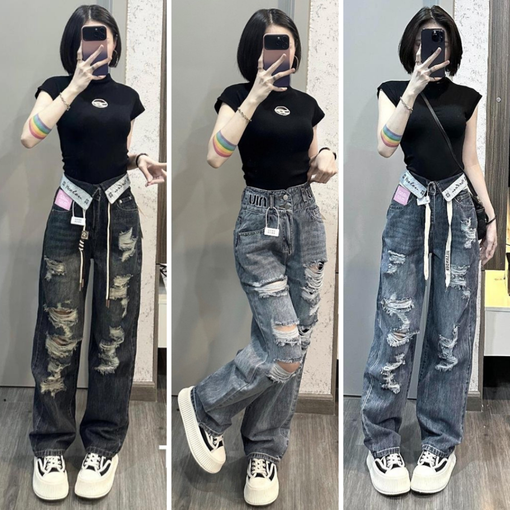 Quần jean rách ELWYN quần jean nữ ống rộng bẻ cạp cao nữ phối dây màu xanh, đen ánh rêu size S M L SPG3