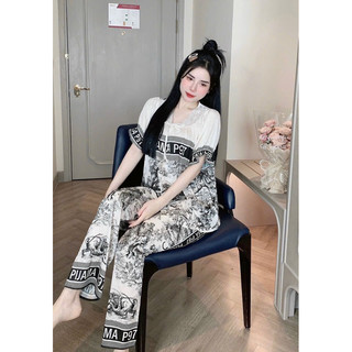Bộ pijama lụa xước cổ phối ren