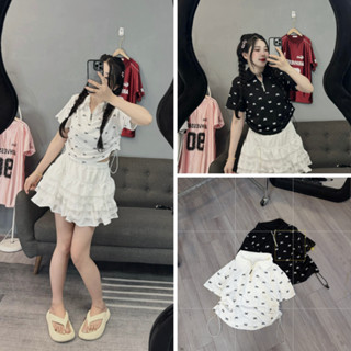 Áo thun baby tee nữ có dây rút in họa tiết nơ mini, áo polo cổ khóa chất liệu cotton co giãn