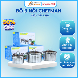 Bộ 3 Nồi Inox Cao Cấp CHEFMAN - Đáy Từ 3 Lớp, Chống Cháy, Chống Gỉ, Dùng Được Bếp Từ, Bền Bỉ