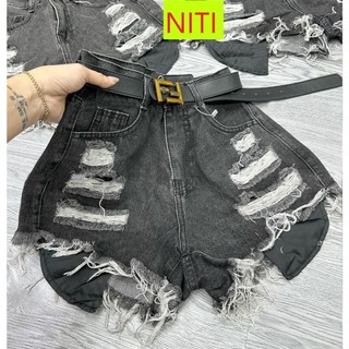 Quần short jean đùi nữ lưng cao rách cào 6 mảng lộ túi màu xám đậm đen mát mẻ siêu cá tính