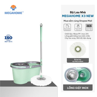 Bộ Lau Nhà Megahome New X3 Thiết Kế Cải Tiến, Trục Giặt Bông Lau Xoay Trong Nước, Lồng Giặt Inox, Bông Lau Microfiber