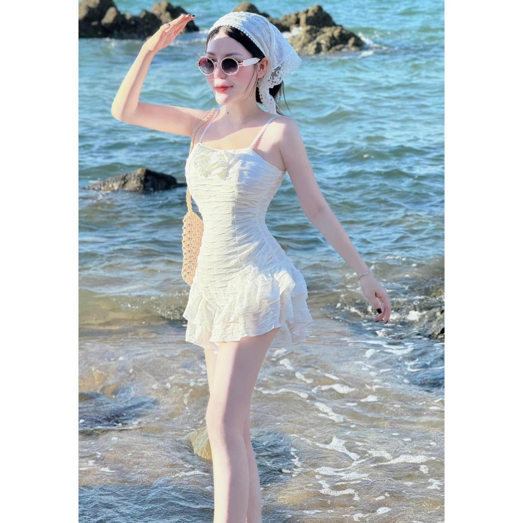 Jumpsuit đồ bơi 1 mảnh, KÈM KHĂN ĐỘI ,SET BIKINI 2 dây nơ liền thân phối bèo ÔM SÁT tôn dáng gợi cảm phong cách hàn quốc | BigBuy360 - bigbuy360.vn