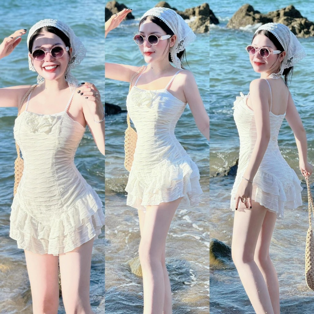 Jumpsuit đồ bơi 1 mảnh, KÈM KHĂN ĐỘI ,SET BIKINI 2 dây nơ liền thân phối bèo ÔM SÁT tôn dáng gợi cảm phong cách hàn quốc | BigBuy360 - bigbuy360.vn