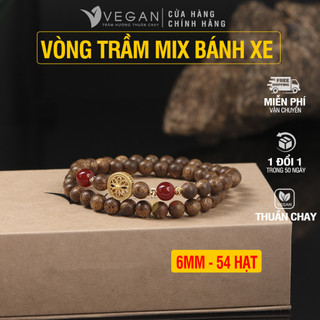 Vòng tay VEGAN Trầm Hương mix charm bánh xe pháp luân hồi đá đỏ 54 hạt 6mm