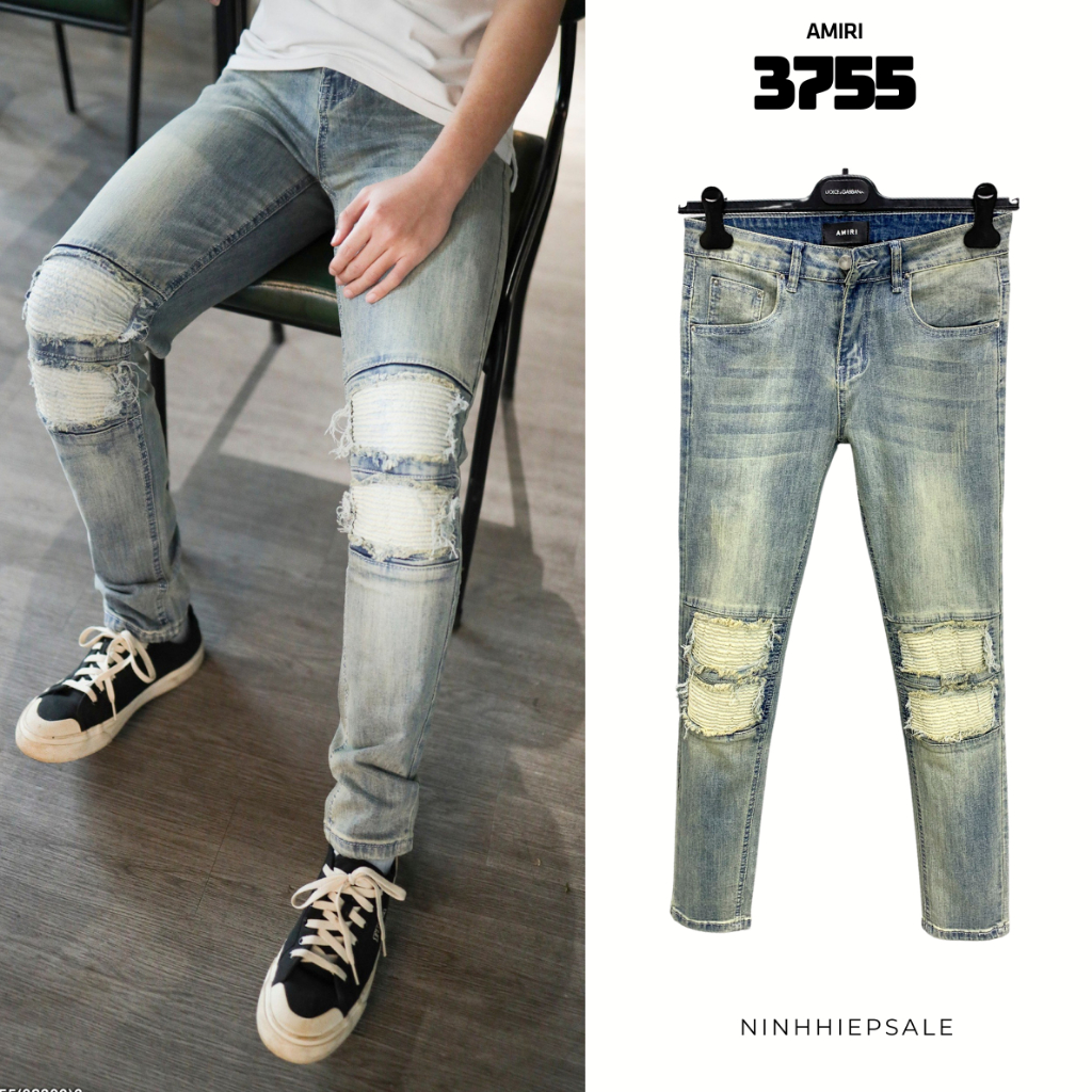 Quần jeans nam Amiri vá gối chun trắng dáng côn chất denim dày dặn,quần bò nam Amiri vá gối chun hàn