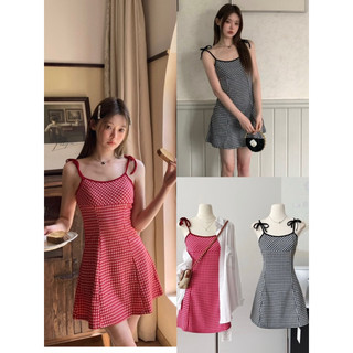  Đầm-Váy Hai Dây cột dây nơ kẻ sọc Gingham Form Xoè nhẹ “ZUMI Dress” style Ulzzang
