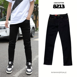 Quần bò nam đen LV dáng côn điểm nhấn khuy vàng hàng QC, Quần Jean LV đen trơn dáng skinny diểm nhấn khuy vàng [8213]