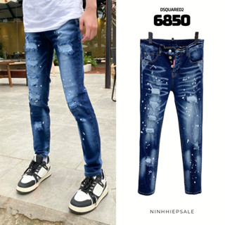 Quần bò nam Dsquared2 xanh mài gối vảy sơn in chữ xanh họa tiết dọc quần hàng quảng châu cháy phố 6850