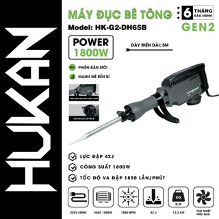 Máy đục bê tông HUKAN G2-DH65B, Lực đập 42J, Công suất 1800W, Loại máy to, Tặng 2 mũi đục