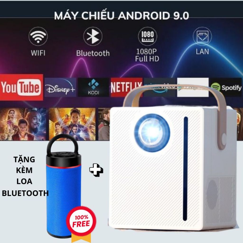 (TẶNG LOA) Máy chiếu Android 9.0, xem Youtube, Netflix,,...kết nối Wifi cực nhanh, chia sẻ màn hình,
