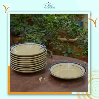 CBLT, Set 2 cái đĩa đựng đồ ăn, có 3 size, dĩa gốm nam bộ hoạ tiết viền xanh- Vườn Nhà Gốm