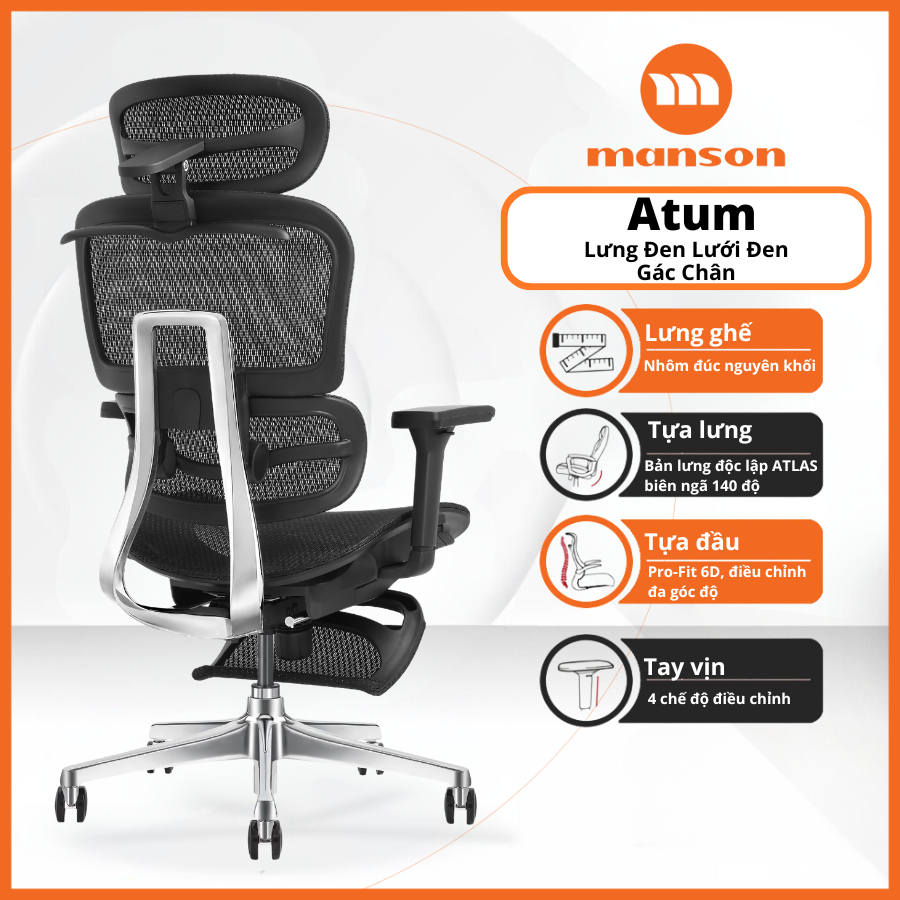[Chính Hãng] Ghế Manson Atum Màu Đen / Xám - Ghế Xoay Công Thái Học, Lưng Hợp Kim Nhôm, Tựa 6D | BigBuy360 - bigbuy360.vn