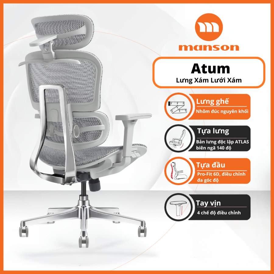 [Chính Hãng] Ghế Manson Atum Màu Đen / Xám - Ghế Xoay Công Thái Học, Lưng Hợp Kim Nhôm, Tựa 6D | BigBuy360 - bigbuy360.vn