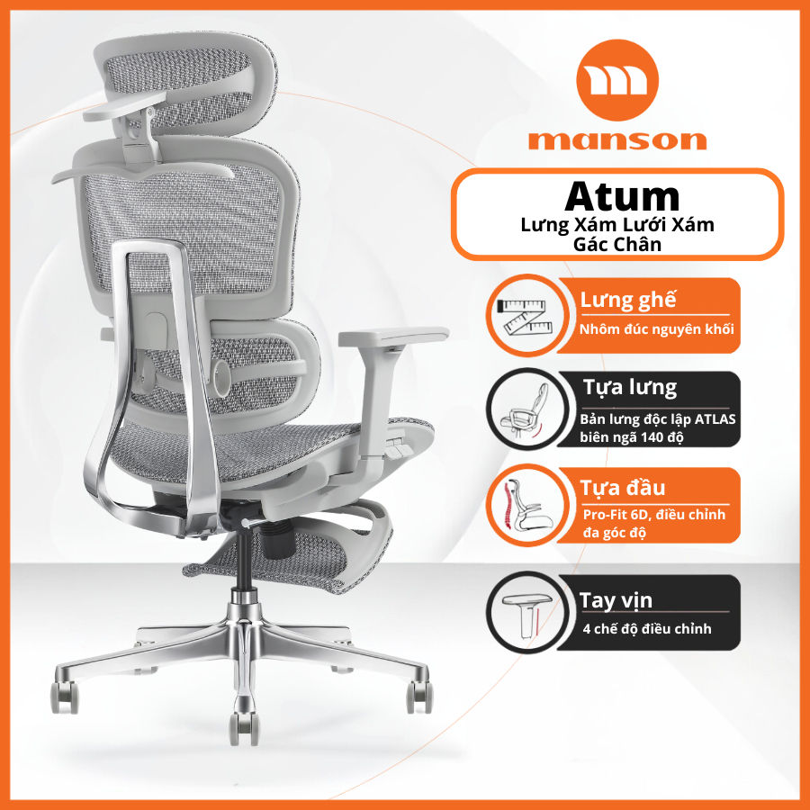 [Chính Hãng] Ghế Manson Atum Màu Đen / Xám - Ghế Xoay Công Thái Học, Lưng Hợp Kim Nhôm, Tựa 6D | BigBuy360 - bigbuy360.vn