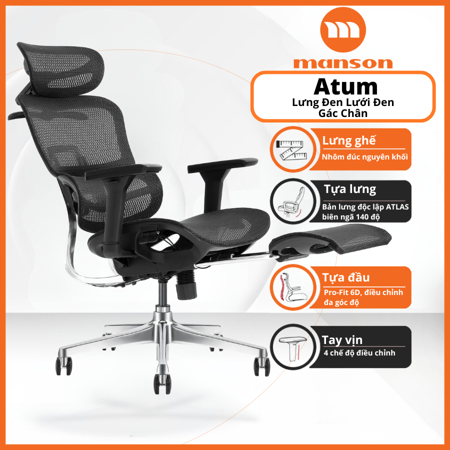[Chính Hãng] Ghế Manson Atum Màu Đen / Xám - Ghế Xoay Công Thái Học, Lưng Hợp Kim Nhôm, Tựa 6D | BigBuy360 - bigbuy360.vn