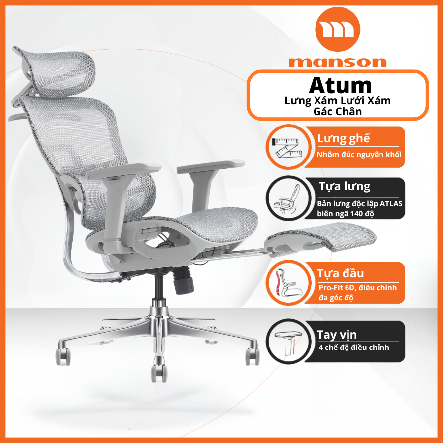 [Chính Hãng] Ghế Manson Atum Màu Đen / Xám - Ghế Xoay Công Thái Học, Lưng Hợp Kim Nhôm, Tựa 6D | BigBuy360 - bigbuy360.vn
