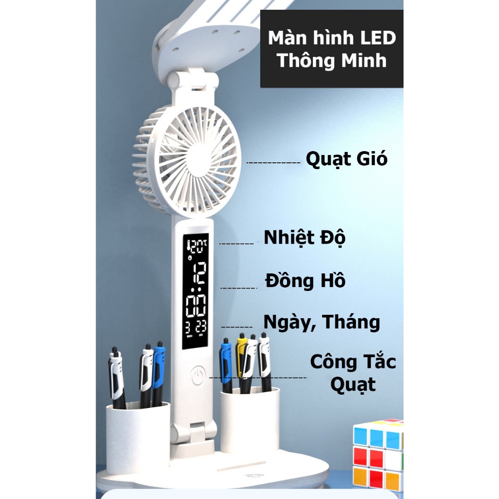 [Bản 2024] Đèn Bàn Học Tích Điện Chống Cận HT-336 CÓ QUẠT, 4 Thanh LED Với 3 Chế Độ Sáng, Màn Hình LCD Thông Minh | BigBuy360 - bigbuy360.vn