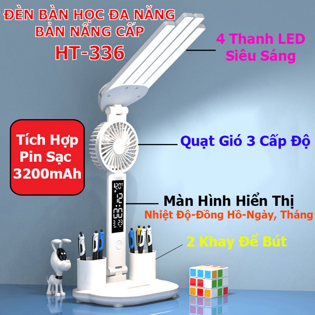 [Bản 2024] Đèn Bàn Học Tích Điện Chống Cận HT-336 CÓ QUẠT, 4 Thanh LED Với 3 Chế Độ Sáng, Màn Hình LCD Thông Minh | BigBuy360 - bigbuy360.vn