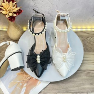 Giày Cao Gót Đính Nơ Da Mềm Dây Cài Đính Hạt Xinh 5 phân A8renQN