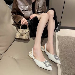 Giày Sandal nữ mũi nhọn đính đá vuông hở gót siêu mềm siêu sang