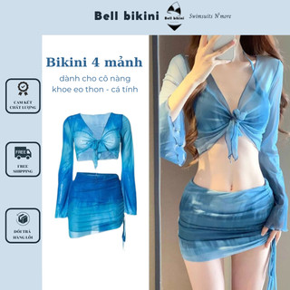 Bikini Đi Biển Nữ 4 Mảnh Cao Cấp Kèm Áo Váy Quây Sang Chảnh, Set Đồ Bơi Nữ Dài Tay Màu Loang Xanh Thời Trang Bell - B021