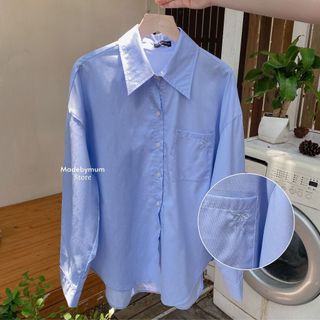 MbmumProject Bow Oversize Shirt Áo Somi Trơn Tay Dài Có Túi In Nơ