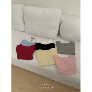 Áo thun babytee ngắn tay nơ nhỏ sọc tăm trơn màu 88639