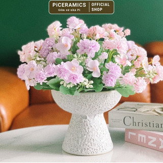 Bình cắm hoa men atlantic gốm Bát Tràng dáng mặt hồ, hoạ tiết bọt biển, cao 16cm miệng 19cm cắm hoa trông sen đá