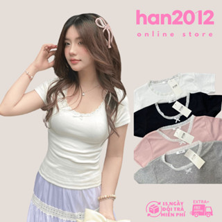 Áo Cổ Ren Nơ Dáng Ôm Body Cổ Vuông Tay Ngắn, Áo Coquette Form Baby Tee chất thun cotton co giãn