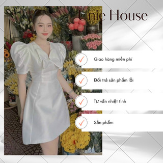 Đầm trắng dáng xòe dáng chữ A đính nơ, váy cổ chữ V ngắn tay siêu xinh
