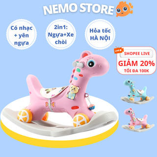 Ngựa bập bênh cho bé 1 2 3 tuổi 2 in 1 NEMO STOTE có bánh xe có nhạc, xe cho bé chòi chân