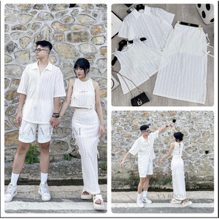 Set áo ren nơ phối chân váy dài + sơmi nam
