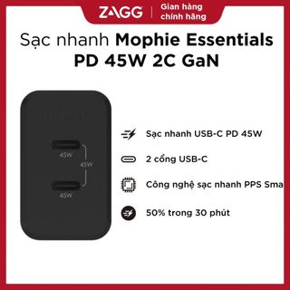 Sạc nhanh Mophie Power Delivery 45W Essentials  2 cổng sạc USB-C GaN - Công nghệ mới, an toàn